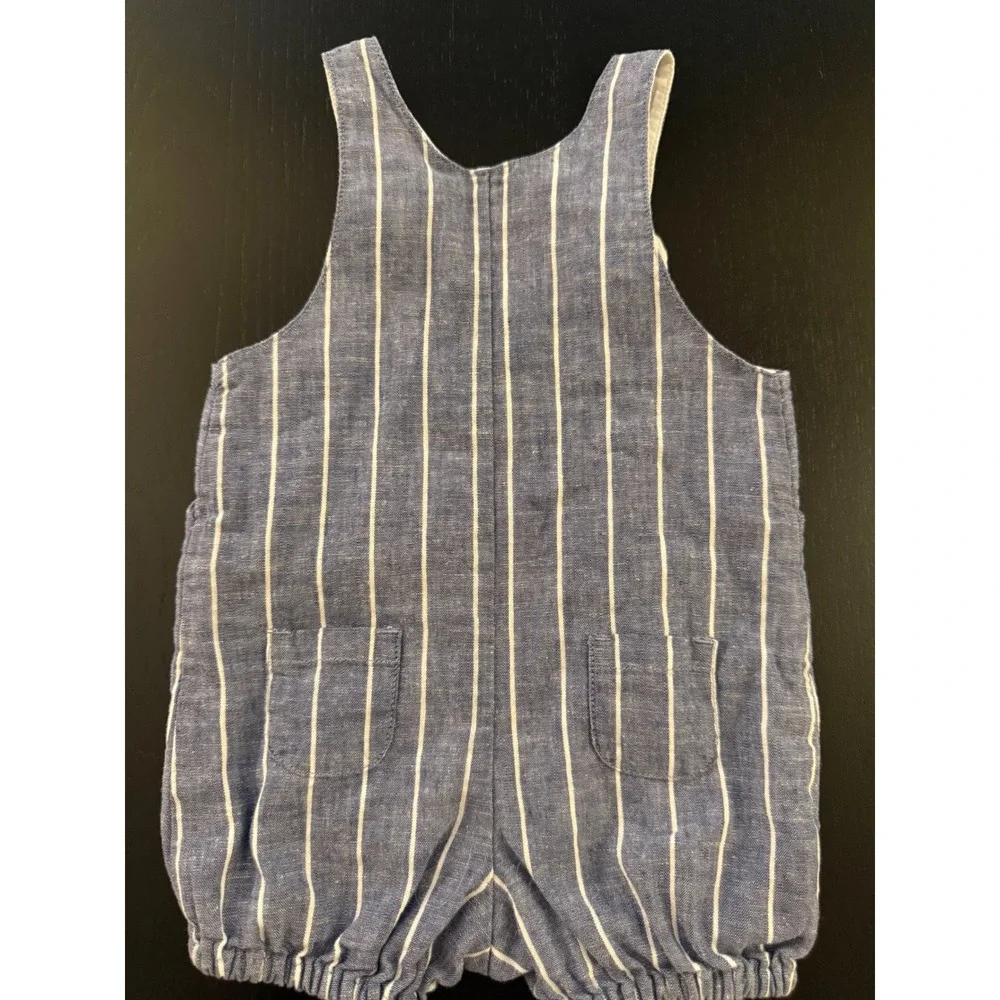 Janie and Jack Baby Linen Railroad Romper Boys 3-6m‎ Blue Striped One-Piece